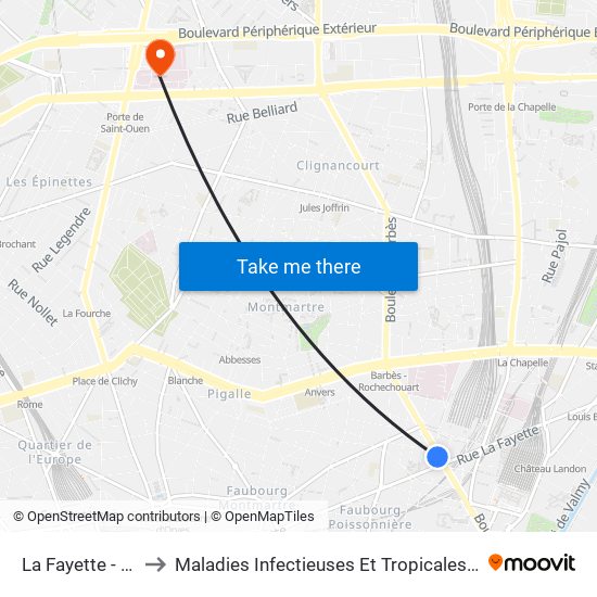 La Fayette - Magenta - Gare du Nord to Maladies Infectieuses Et Tropicales, Smit 1 Et 2-Virologie / Parasitologie, Centre de Vaccinations map