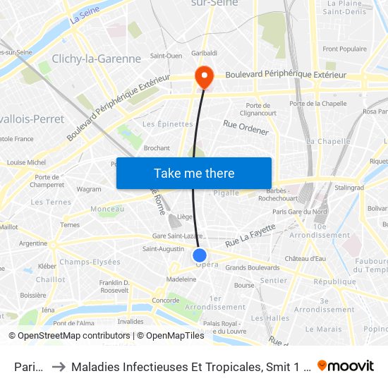 Paris - Opéra to Maladies Infectieuses Et Tropicales, Smit 1 Et 2-Virologie / Parasitologie, Centre de Vaccinations map