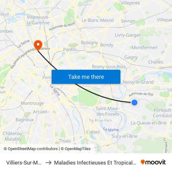 Villiers-Sur-Marne - Le Plessis-Trévise RER to Maladies Infectieuses Et Tropicales, Smit 1 Et 2-Virologie / Parasitologie, Centre de Vaccinations map