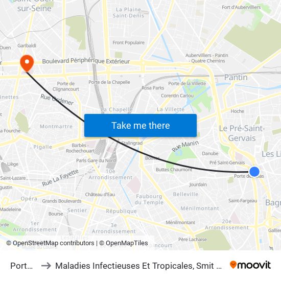 Porte Des Lilas to Maladies Infectieuses Et Tropicales, Smit 1 Et 2-Virologie / Parasitologie, Centre de Vaccinations map