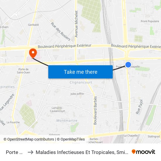 Porte de la Chapelle to Maladies Infectieuses Et Tropicales, Smit 1 Et 2-Virologie / Parasitologie, Centre de Vaccinations map