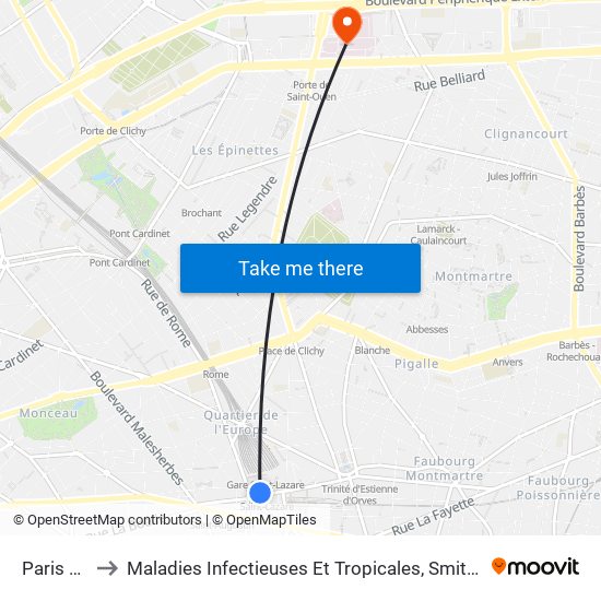 Paris Saint-Lazare to Maladies Infectieuses Et Tropicales, Smit 1 Et 2-Virologie / Parasitologie, Centre de Vaccinations map