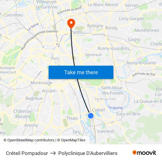 Créteil Pompadour to Polyclinique D'Aubervilliers map