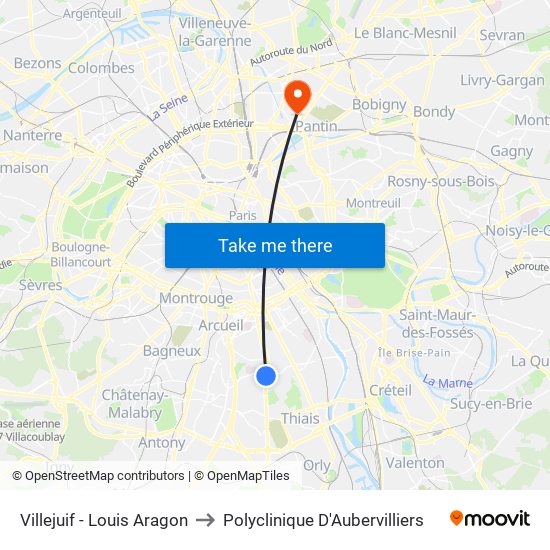 Villejuif - Louis Aragon to Polyclinique D'Aubervilliers map