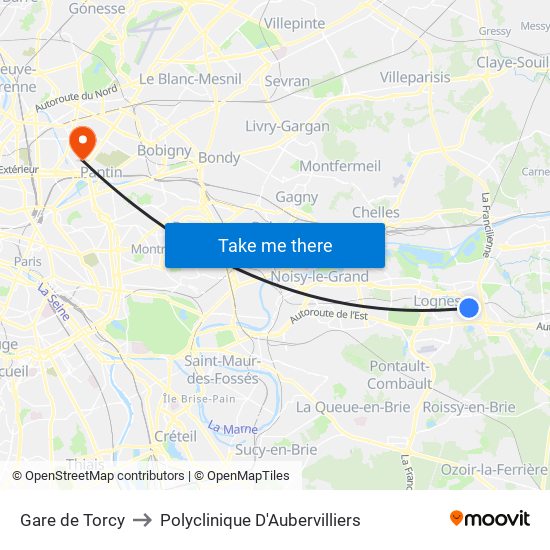 Gare de Torcy to Polyclinique D'Aubervilliers map