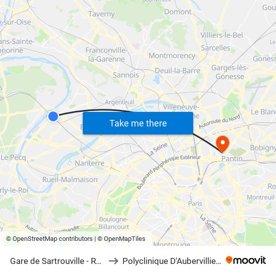 Gare de Sartrouville - RER to Polyclinique D'Aubervilliers map