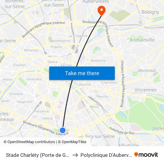 Stade Charléty (Porte de Gentilly) to Polyclinique D'Aubervilliers map