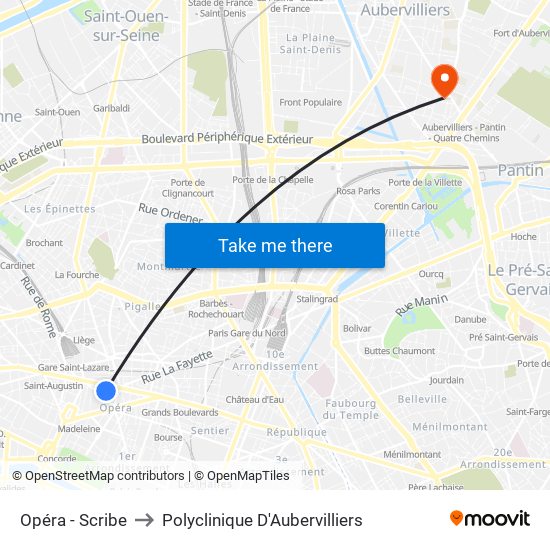 Opéra - Scribe to Polyclinique D'Aubervilliers map