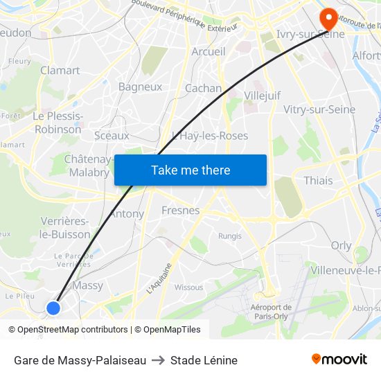 Gare de Massy-Palaiseau to Stade Lénine map