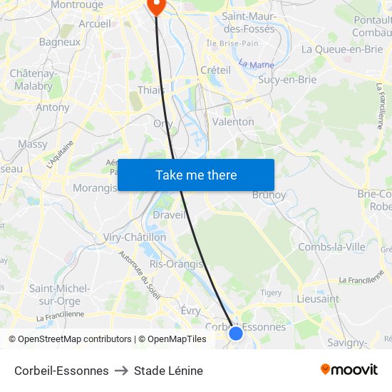 Corbeil-Essonnes to Stade Lénine map