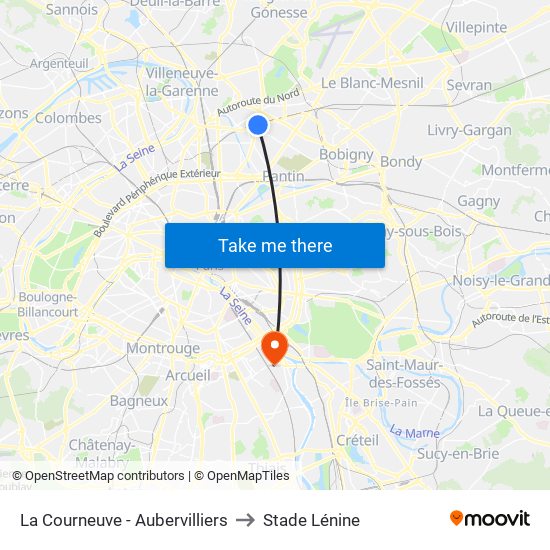 La Courneuve - Aubervilliers to Stade Lénine map