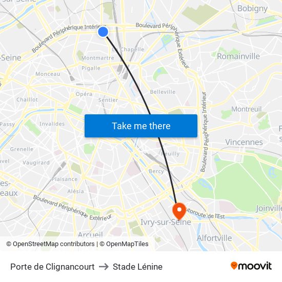 Porte de Clignancourt to Stade Lénine map