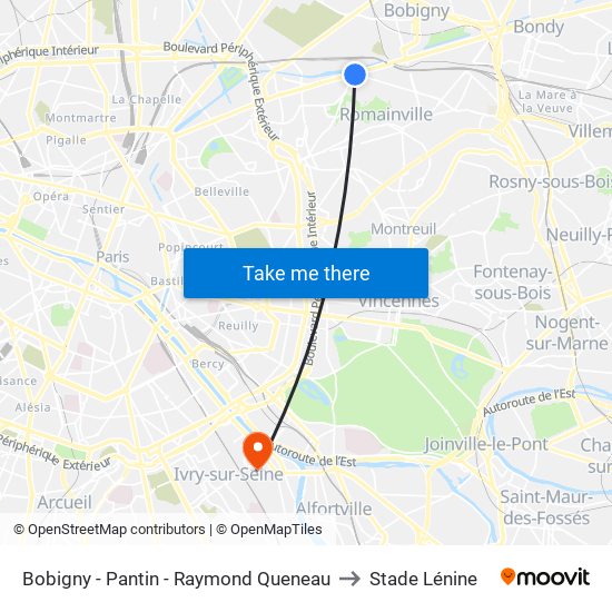 Bobigny - Pantin - Raymond Queneau to Stade Lénine map