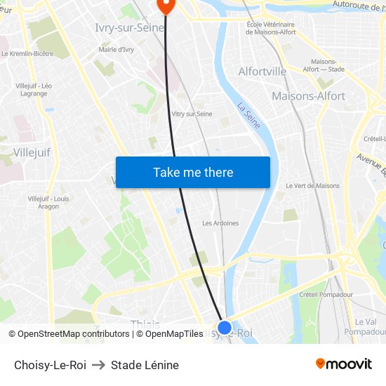 Choisy-Le-Roi to Stade Lénine map