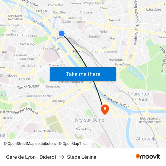 Gare de Lyon - Diderot to Stade Lénine map