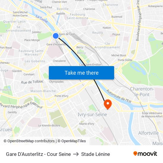 Gare D'Austerlitz - Cour Seine to Stade Lénine map
