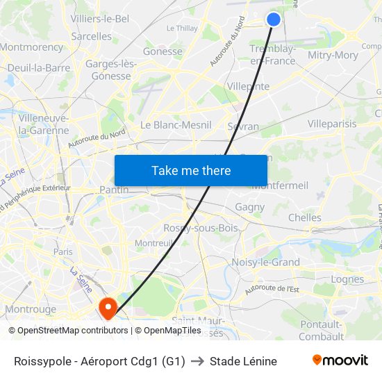 Roissypole - Aéroport Cdg1 (G1) to Stade Lénine map