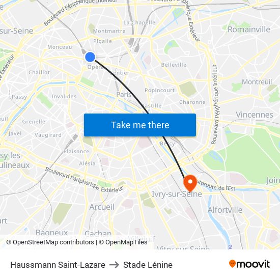 Haussmann Saint-Lazare to Stade Lénine map