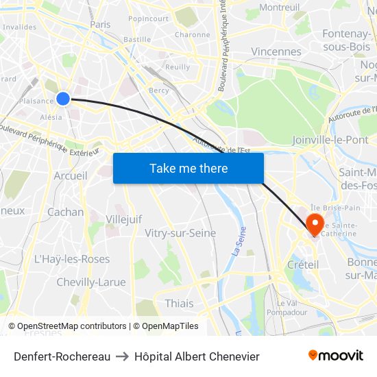 Denfert-Rochereau to Hôpital Albert Chenevier map
