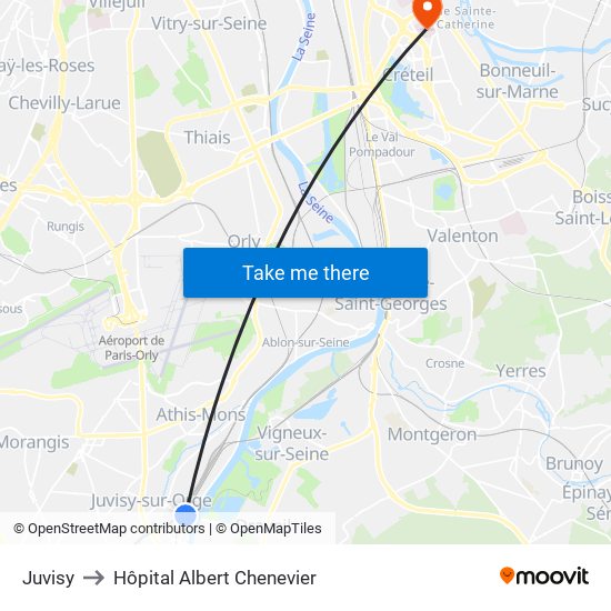 Juvisy to Hôpital Albert Chenevier map