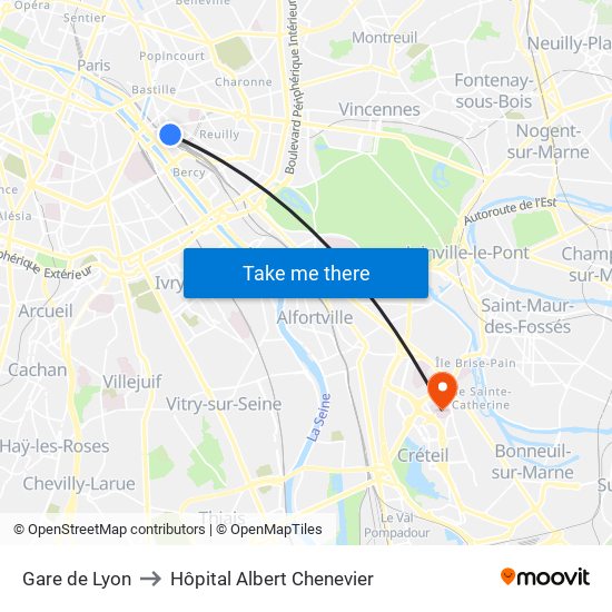 Gare de Lyon to Hôpital Albert Chenevier map