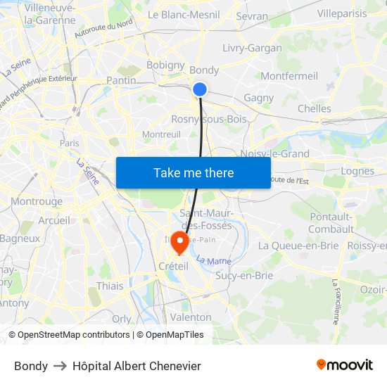 Bondy to Hôpital Albert Chenevier map