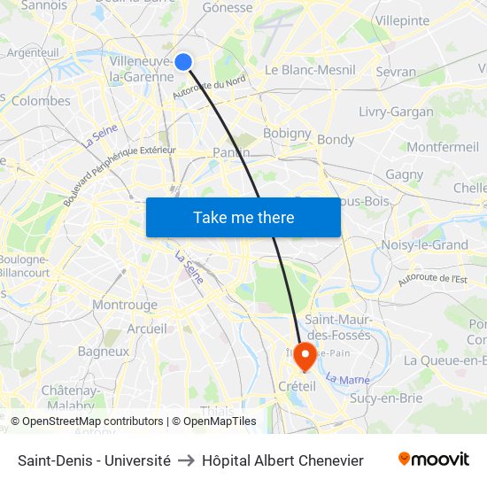 Saint-Denis - Université to Hôpital Albert Chenevier map