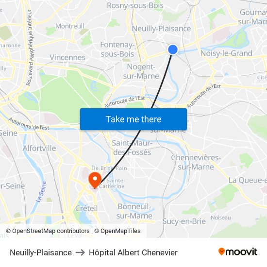 Neuilly-Plaisance to Hôpital Albert Chenevier map