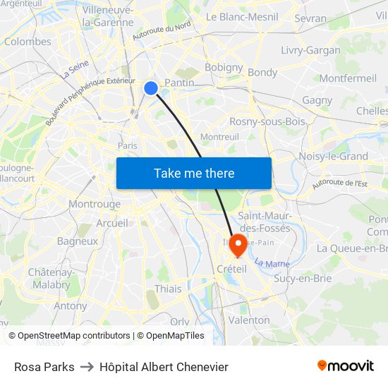 Rosa Parks to Hôpital Albert Chenevier map