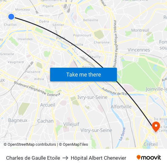Charles de Gaulle Etoile to Hôpital Albert Chenevier map