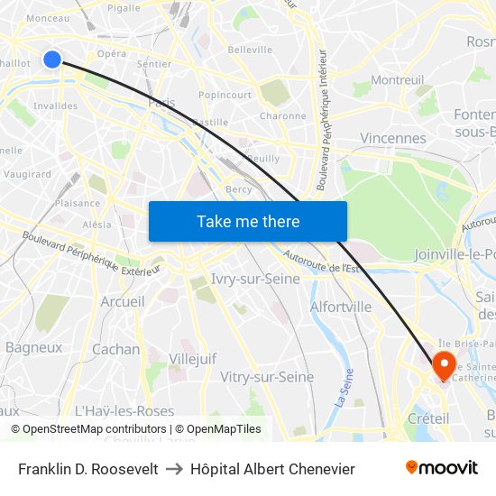 Franklin D. Roosevelt to Hôpital Albert Chenevier map