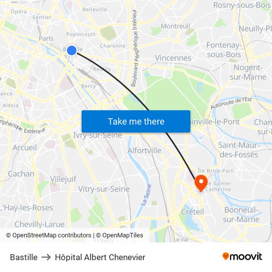 Bastille to Hôpital Albert Chenevier map