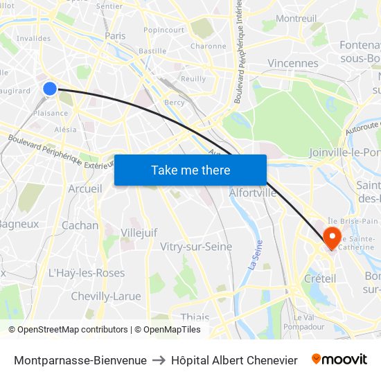 Montparnasse-Bienvenue to Hôpital Albert Chenevier map