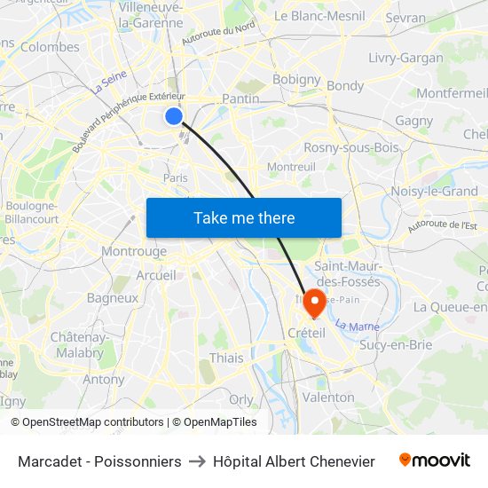 Marcadet - Poissonniers to Hôpital Albert Chenevier map