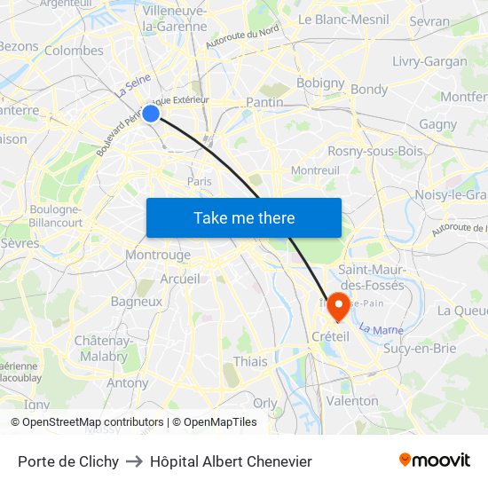 Porte de Clichy to Hôpital Albert Chenevier map