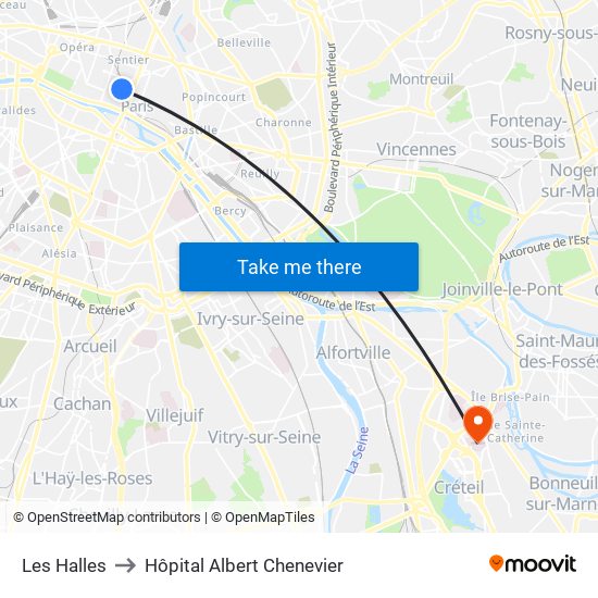 Les Halles to Hôpital Albert Chenevier map