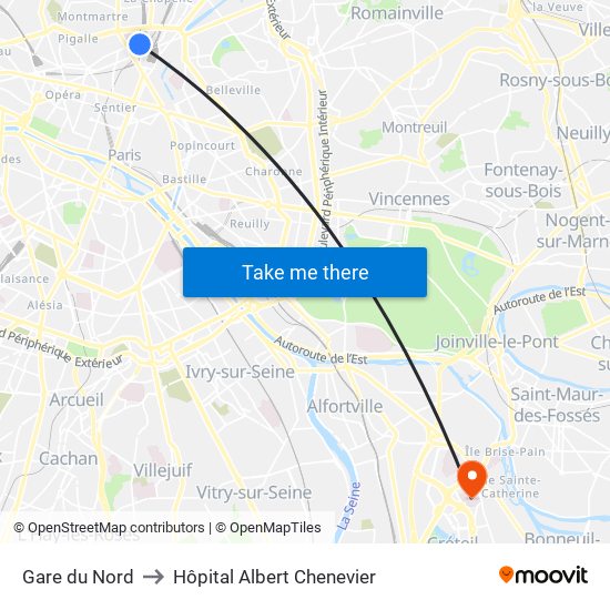 Gare du Nord to Hôpital Albert Chenevier map