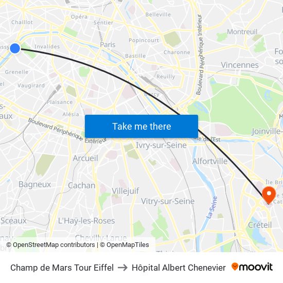 Champ de Mars Tour Eiffel to Hôpital Albert Chenevier map