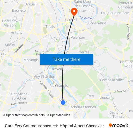Gare Évry Courcouronnes to Hôpital Albert Chenevier map