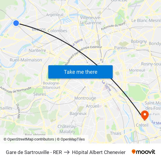 Gare de Sartrouville - RER to Hôpital Albert Chenevier map