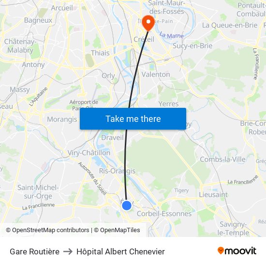 Gare Routière to Hôpital Albert Chenevier map