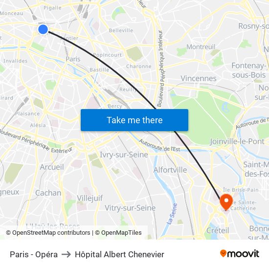 Paris - Opéra to Hôpital Albert Chenevier map