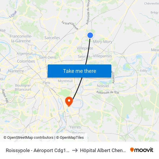 Roissypole - Aéroport Cdg1 (E2) to Hôpital Albert Chenevier map