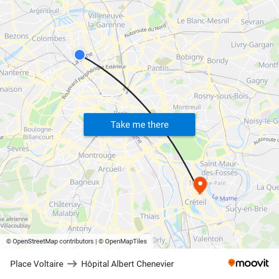 Place Voltaire to Hôpital Albert Chenevier map