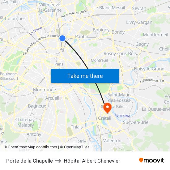 Porte de la Chapelle to Hôpital Albert Chenevier map