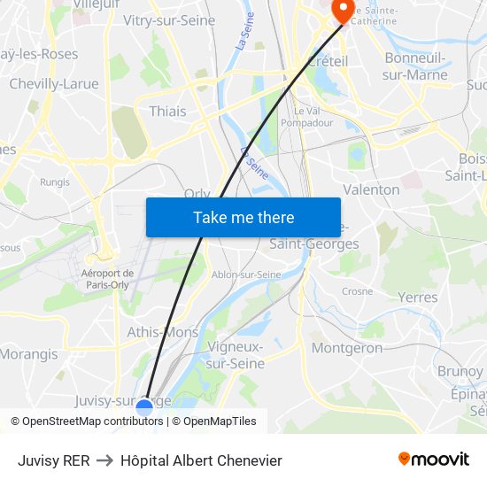 Juvisy RER to Hôpital Albert Chenevier map