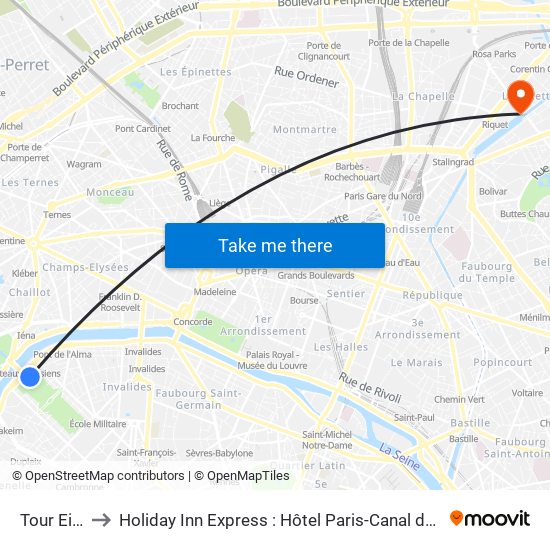 Eiffel Tower to Holiday Inn Express : Hôtel Paris-Canal de la Villette map