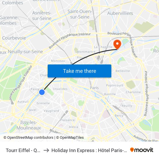 Tourr Eiffel - Quai Branly to Holiday Inn Express : Hôtel Paris-Canal de la Villette map