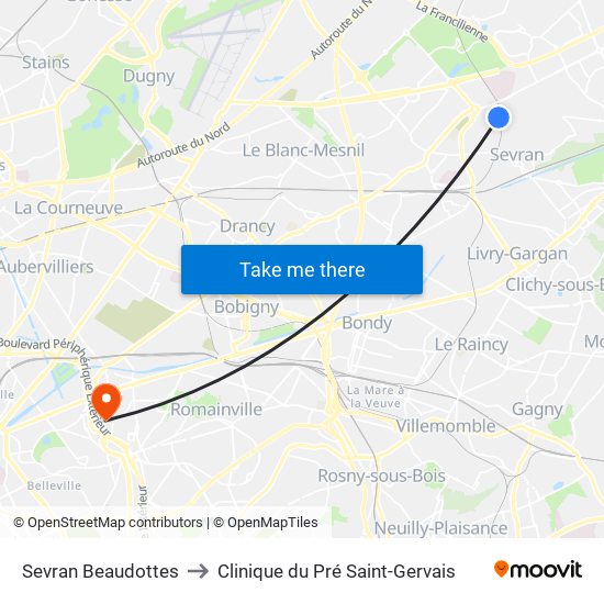 Sevran Beaudottes to Clinique du Pré Saint-Gervais map