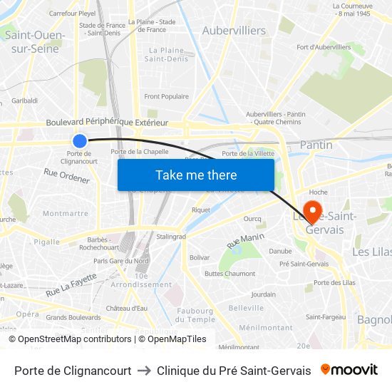 Porte de Clignancourt to Clinique du Pré Saint-Gervais map